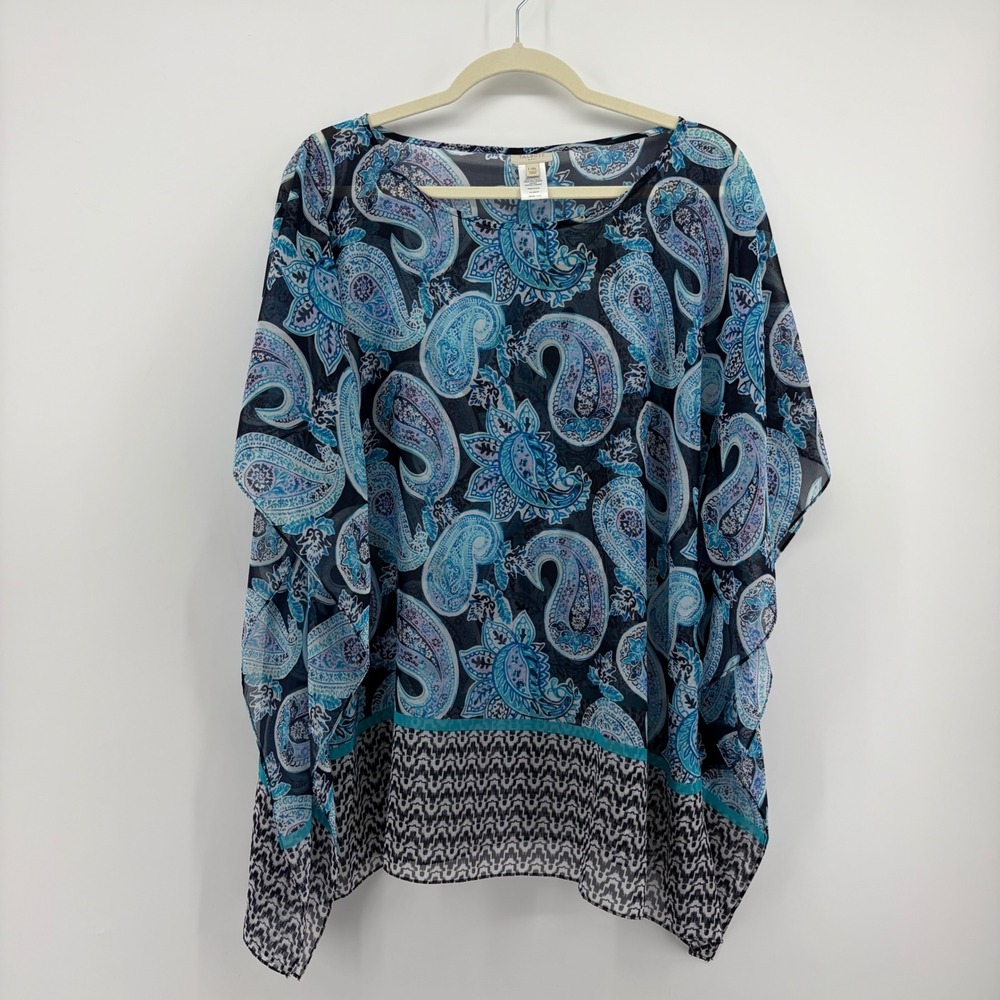 Talbots Womens L/XL Blue Paisley Kaftan Poncho Blouse Sheer Tunic Top
